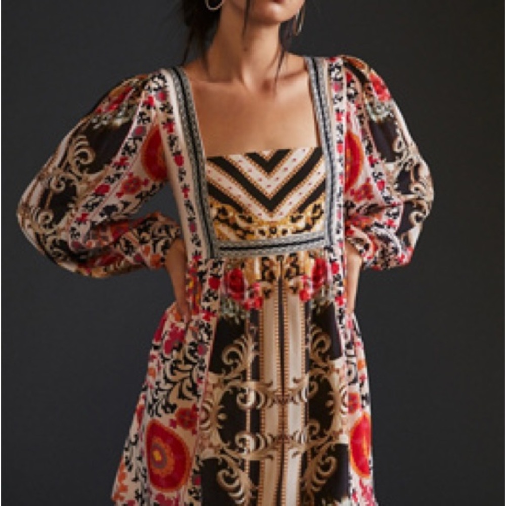 Anthro Floral Patterned Dress with Puff Sleeves